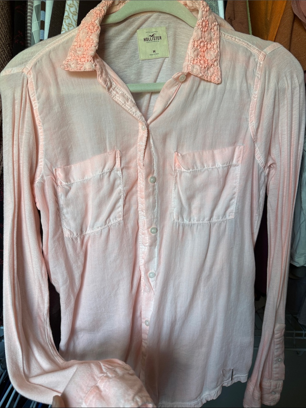 Hollister Soft Pink Button-Front Shirt with Crochet Collar